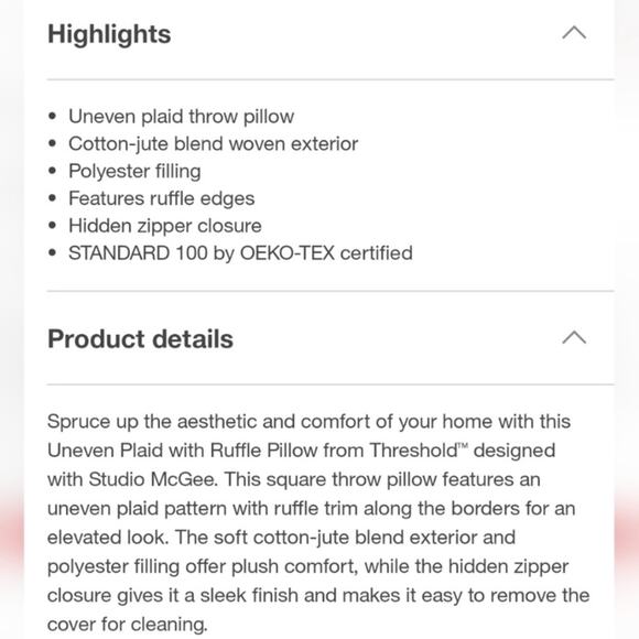 Studio McGee Threshold Uneven Plaid with Ruffle Pillow Burgundy Cream Christmas - Picture 5 of 5